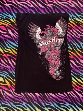 Rare Y2K Hustler Tube Top Gothic Angel Wings Graphic Pink Cross Tattoo